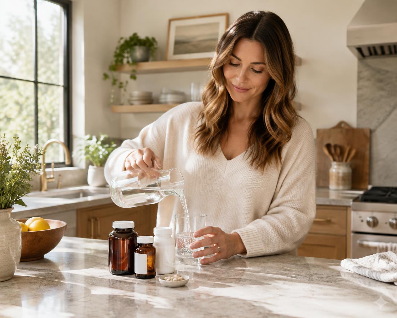 A founder starting her day with her own supplements